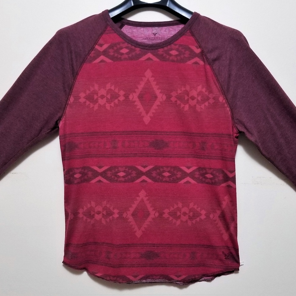 AE Slim Fit Red Aztec Print Baseball T